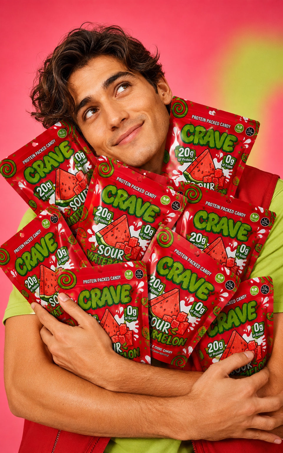 Smiling customer holding CRAVE pouches