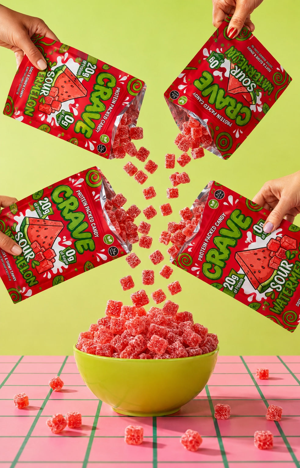 CRAVE pouches pouring gummies into a bowl